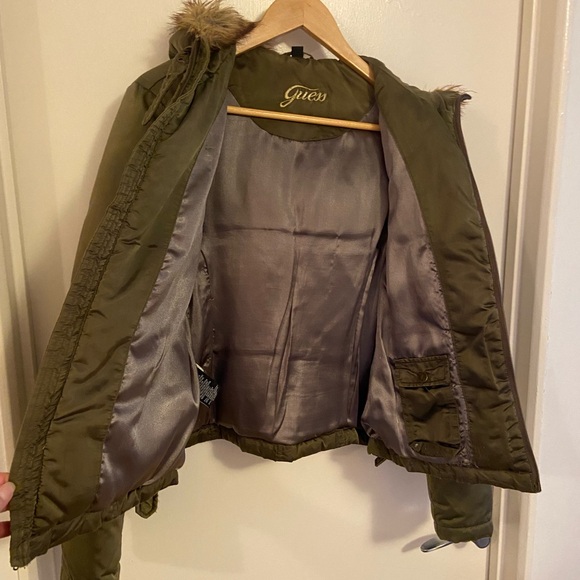 GUESS Army Green Hooded Jacket with Faux Fur Trim Size : L - Picture 3 of 9